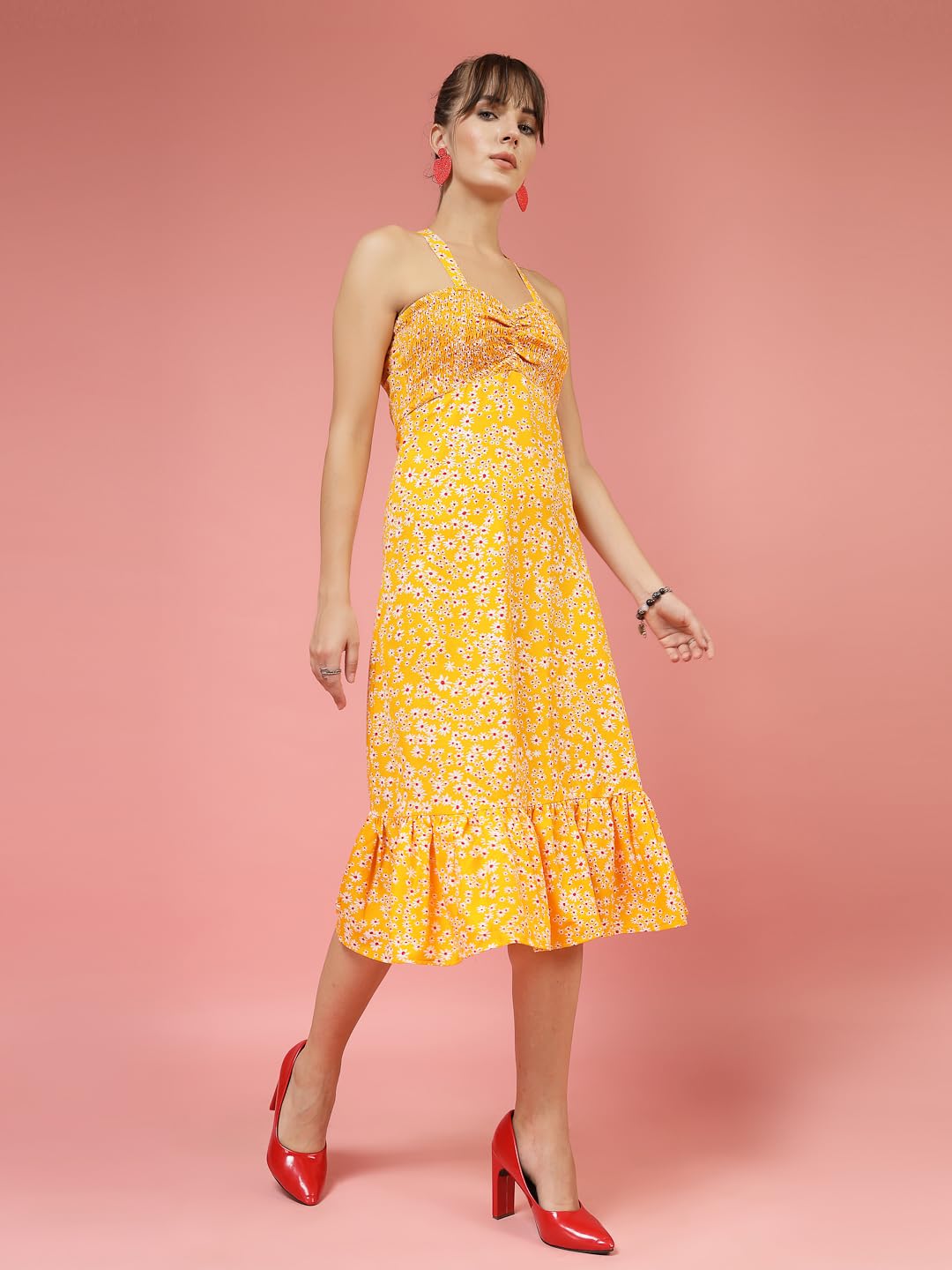 OOMPH! Women A-Line Printed Crepe Midi Dress, Smocked Bodice
