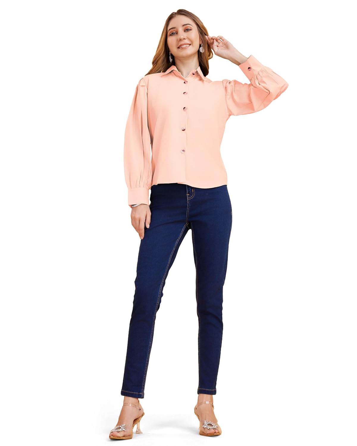 harshiv Enterprise Women's Crepe Casual Balloon Sleeve Shirt | Stylish Lightweight Top for Office, Travel Comfortable, Breathable, Easy to Care Fabric