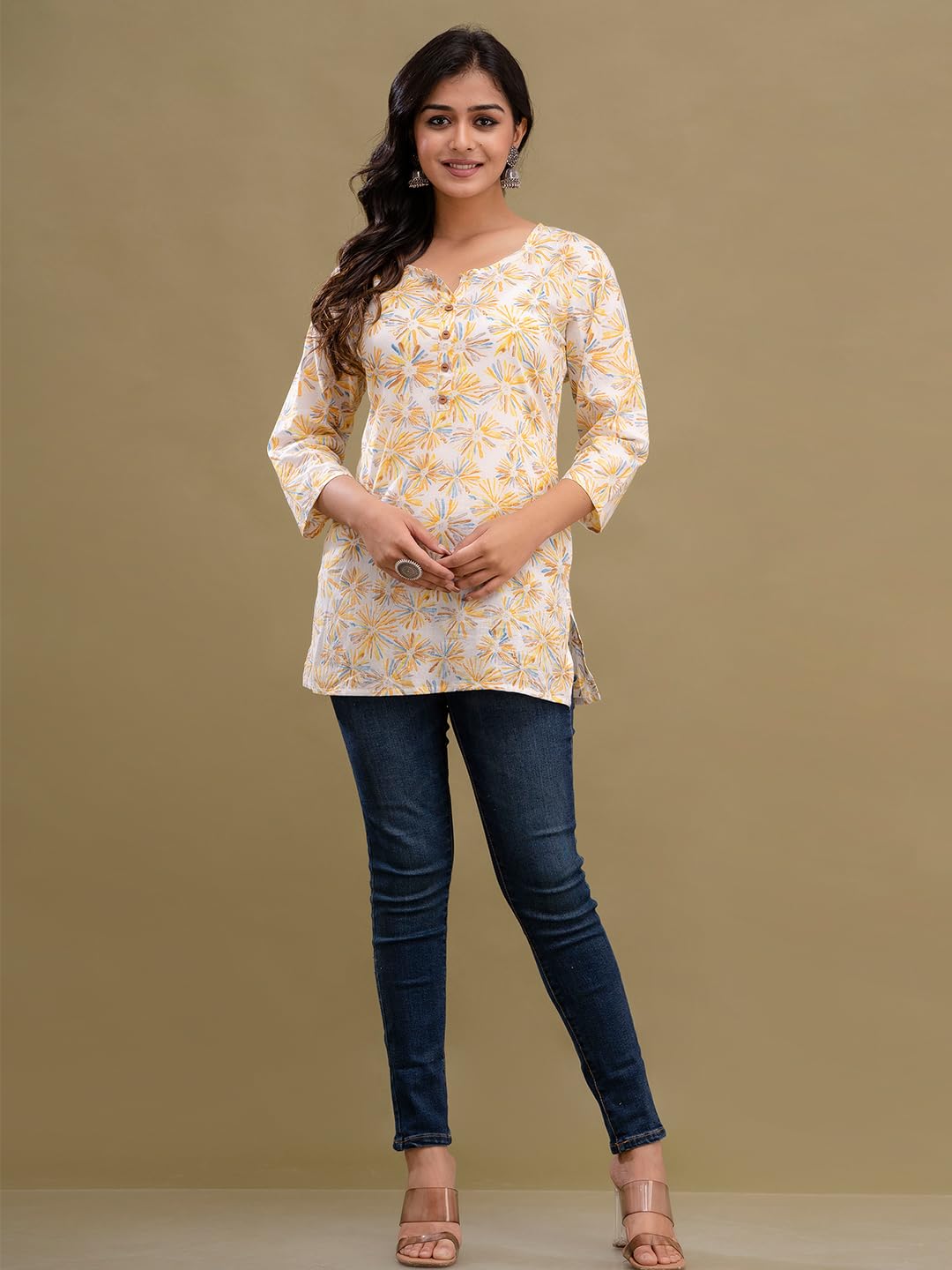 feranoid Women Cotton Printed Straight Short Kurti