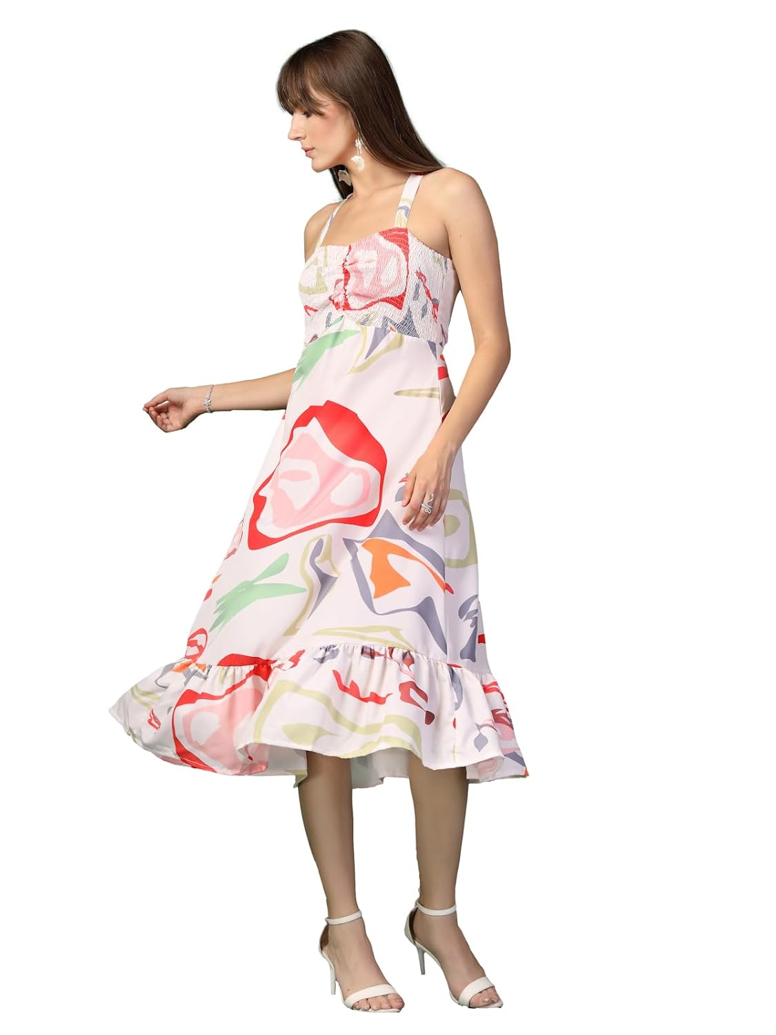 OOMPH! Women A-Line Printed Crepe Midi Dress, Smocked Bodice