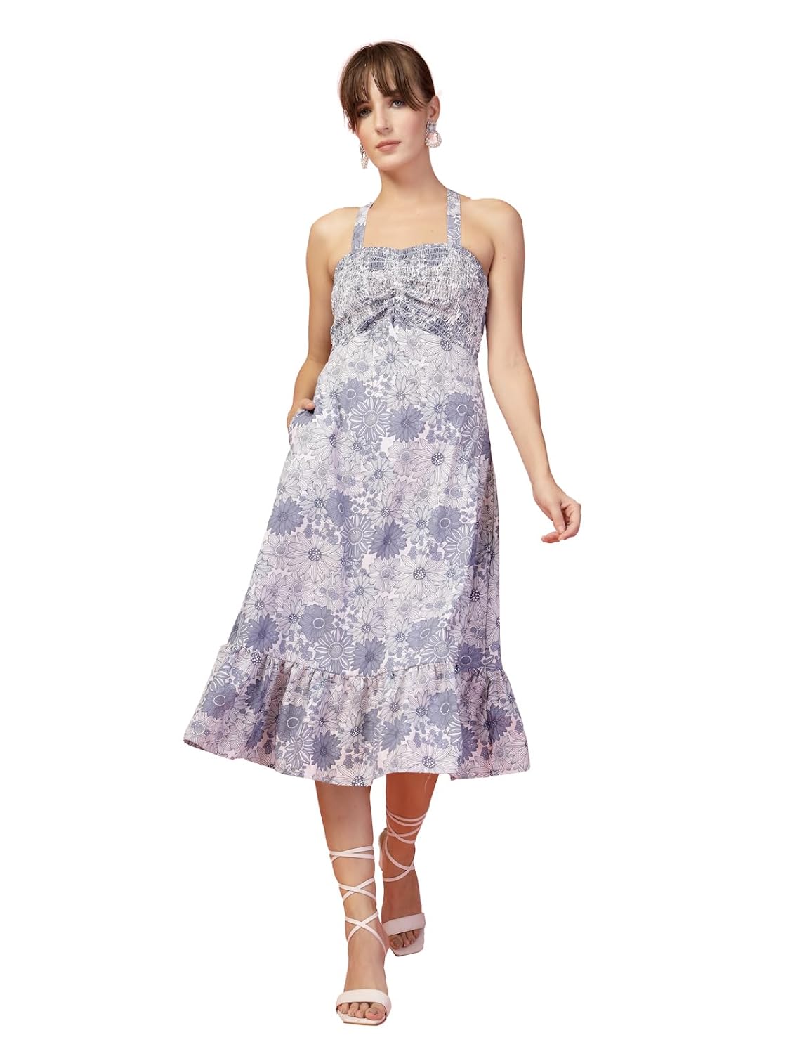OOMPH! Women A-Line Printed Crepe Midi Dress, Smocked Bodice