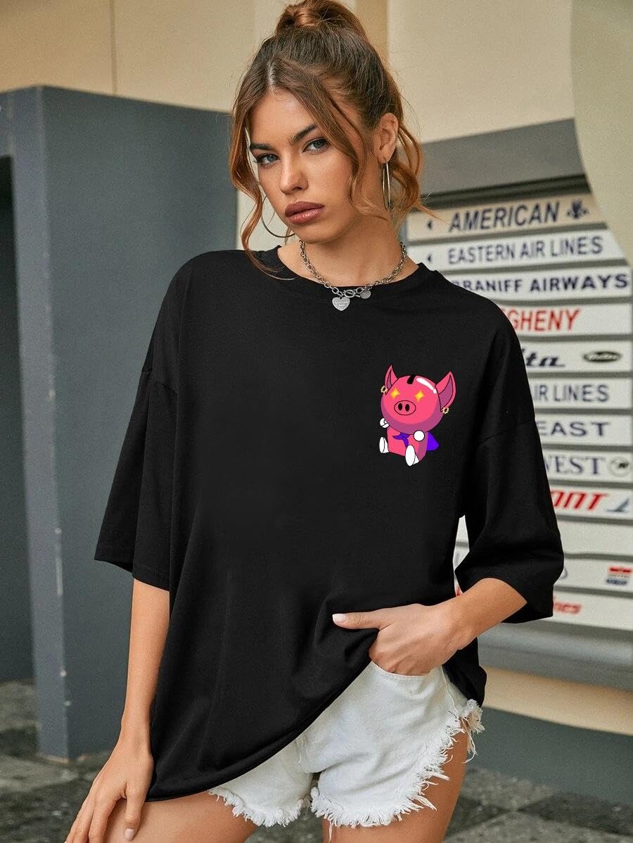 CHKOKKO Women's Polyester Oversized Fit Oversized Round Neck Drop Shoulder Printed T-Shirt