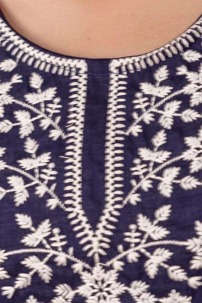 Women's Cotton Kurti with White Floral Embroidery
