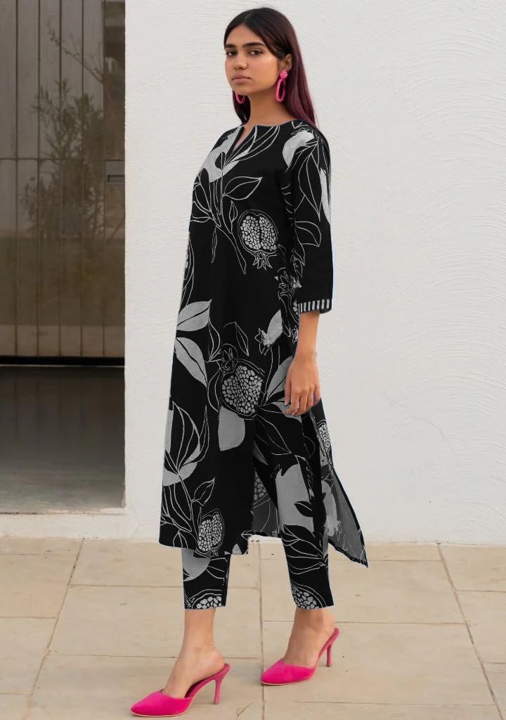 Women's Cotton Blend Straight Printed Kurta with Pant
