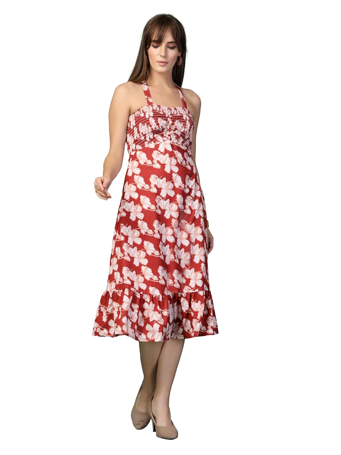 OOMPH! Women A-Line Printed Crepe Midi Dress, Smocked Bodice