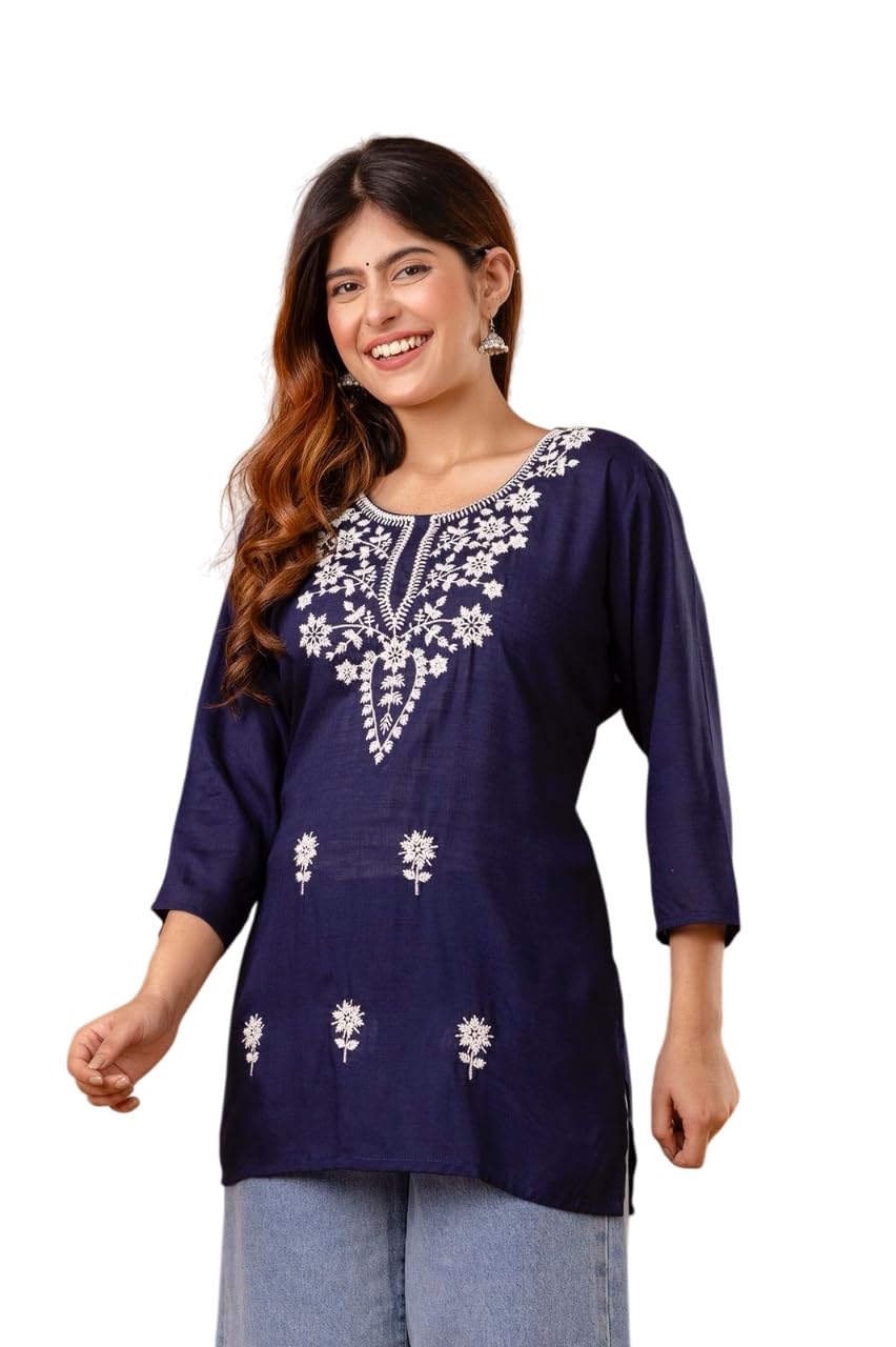 Women's Cotton Kurti with White Floral Embroidery