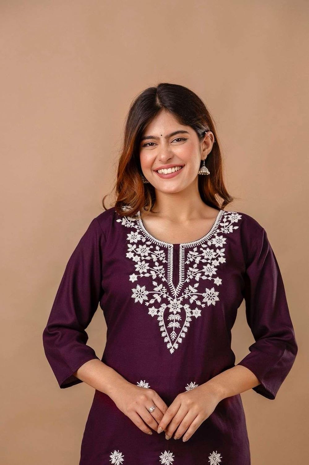 Women's Cotton Kurti with White Floral Embroidery