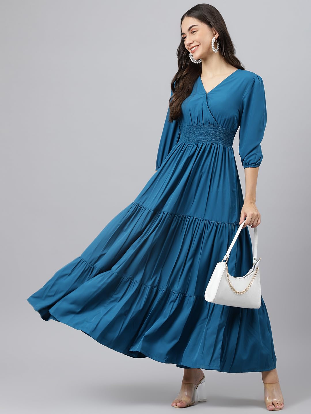 DEEBACO Women's Fit & Flare Maxi Dress|V-Neck|Full Length Long Dresses for Women|A-Line Dress|Stylish for Ladies|Beach Dress for Women