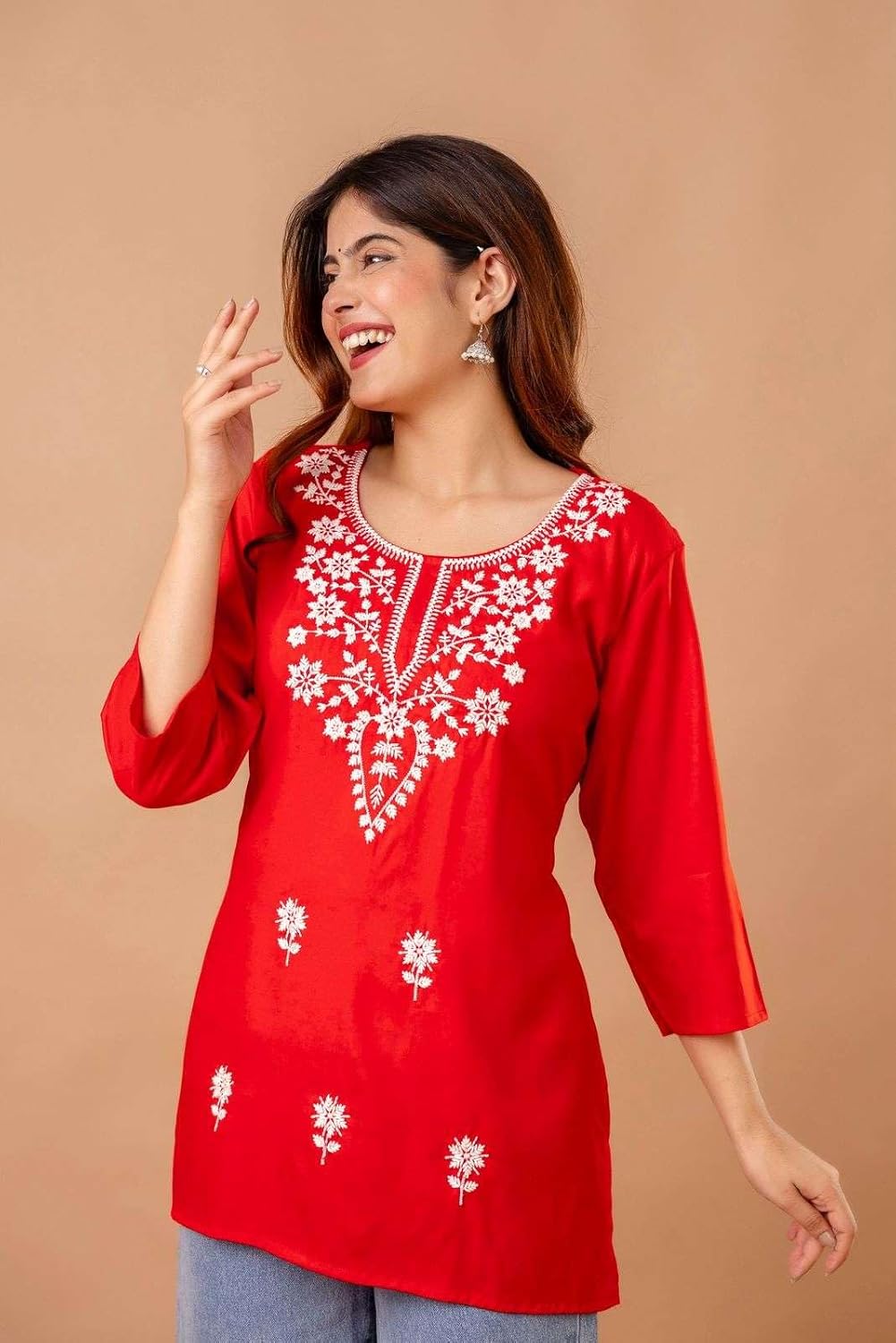 Women's Cotton Kurti with White Floral Embroidery
