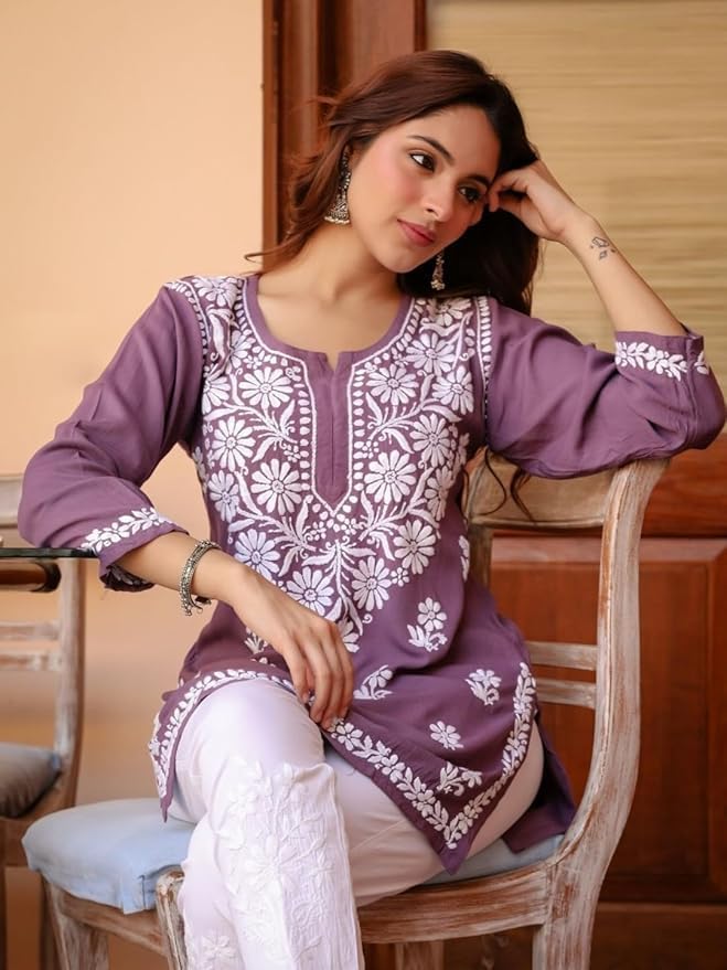 Purple Chikankari Embroidered Cotton Kurti