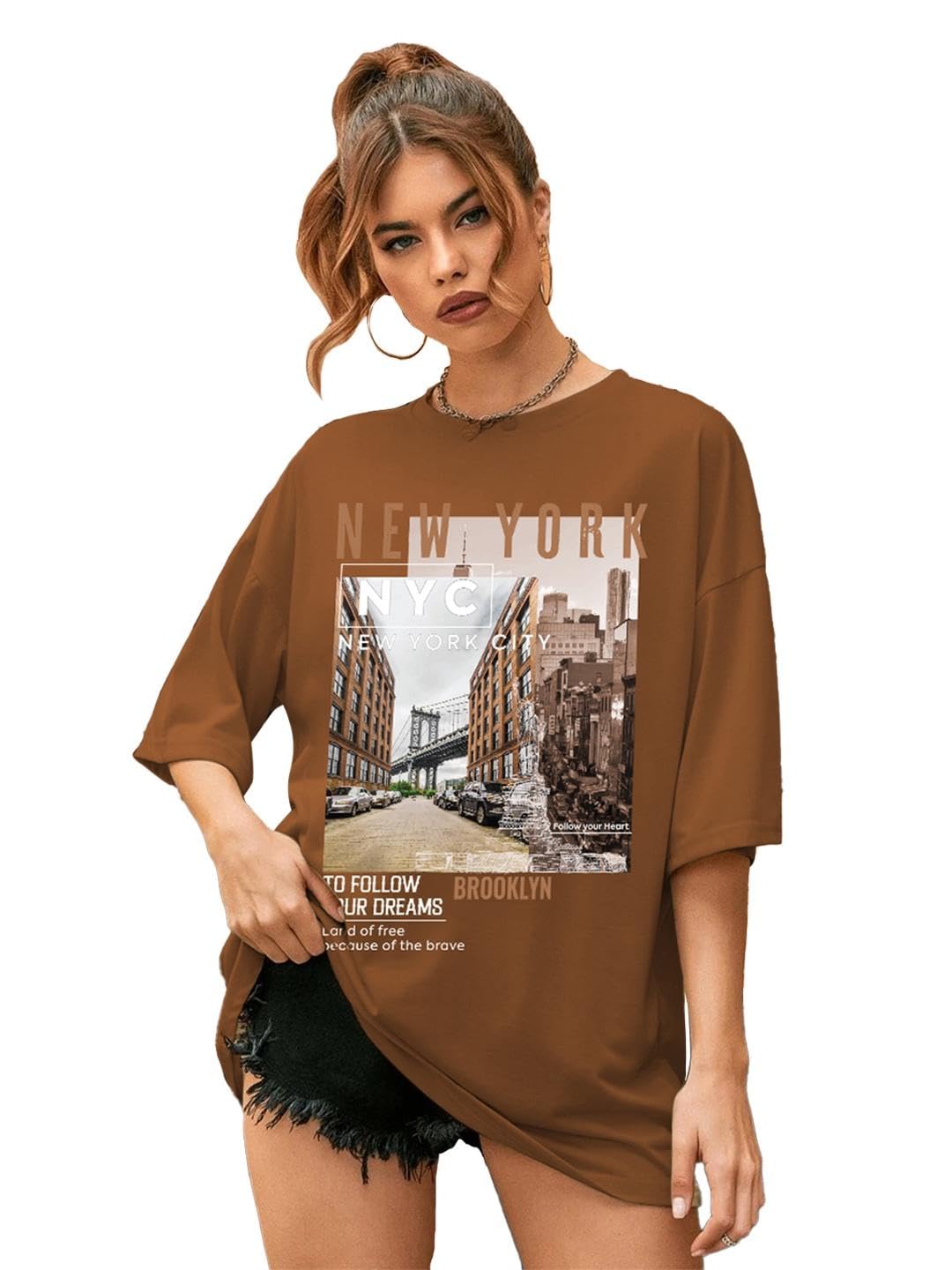 CHKOKKO Women's Polyester Oversized Fit Oversized Round Neck Drop Shoulder Printed T-Shirt