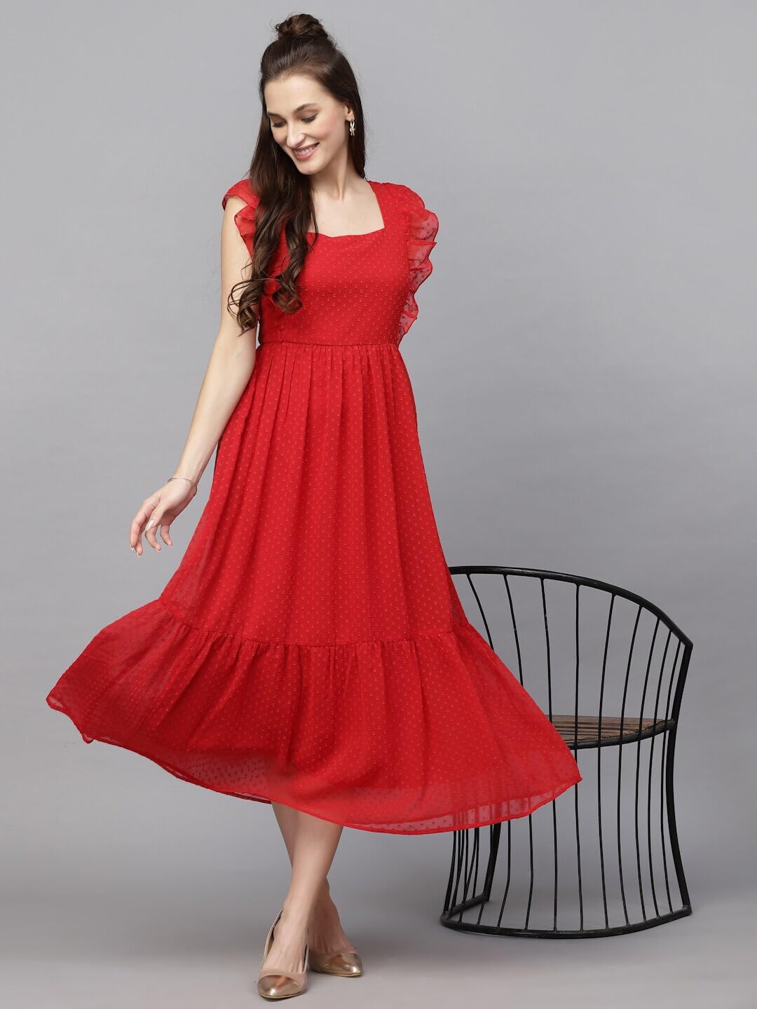 Jacquard Butti Square Neck Knee Length Western Dresses for Women