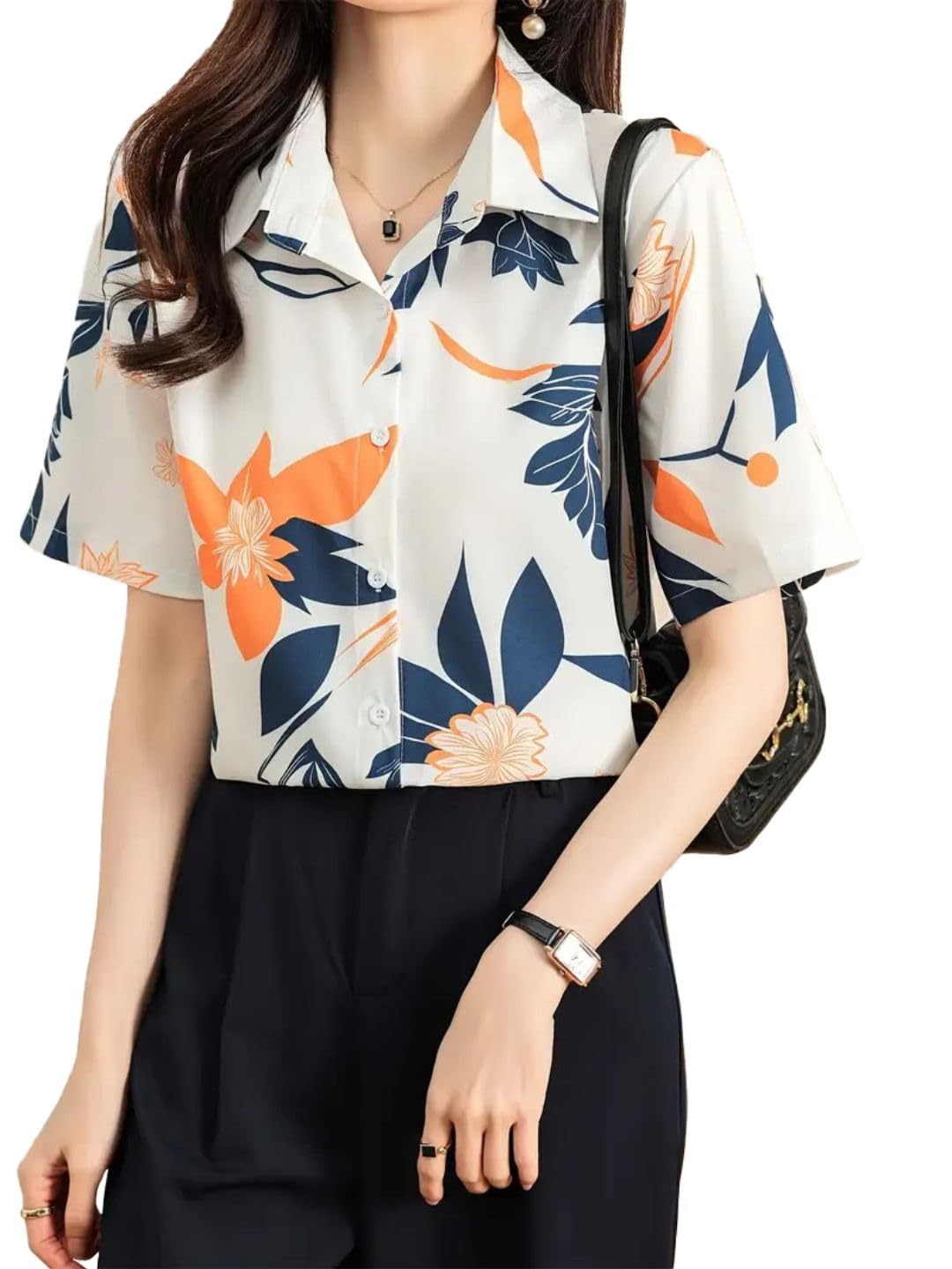 Trendy Queen Women's Short Sleeve Button-Down Shirt | Printed Casual Crop Top | Stylish Collared Shirt for Women | Oversized Shirt for Women