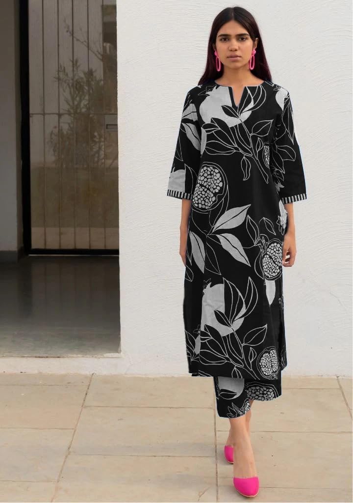 Women's Cotton Blend Straight Printed Kurta with Pant