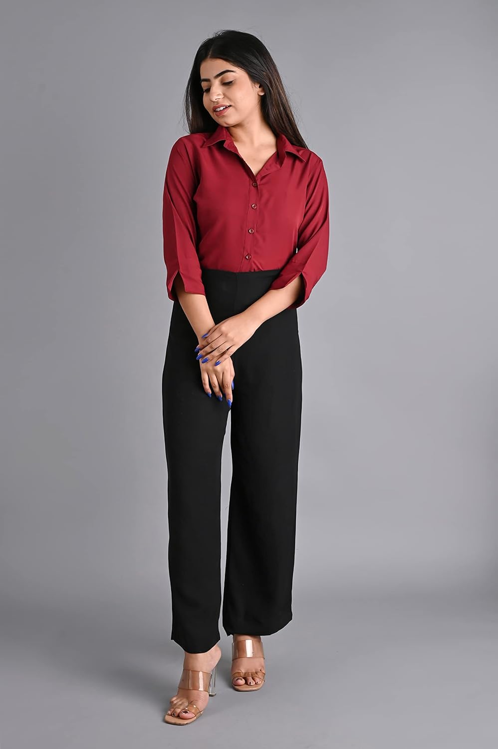 GM SARA Women's Polyester Stylish Regular Fit Button Down Plain Solid Formal Casual Shirts for Women Office Wear