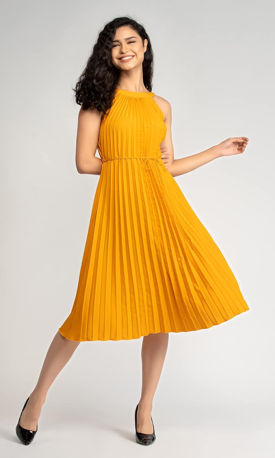 AASK Women's Elegant Belted Pleated Sleeveess Short Dress Color
