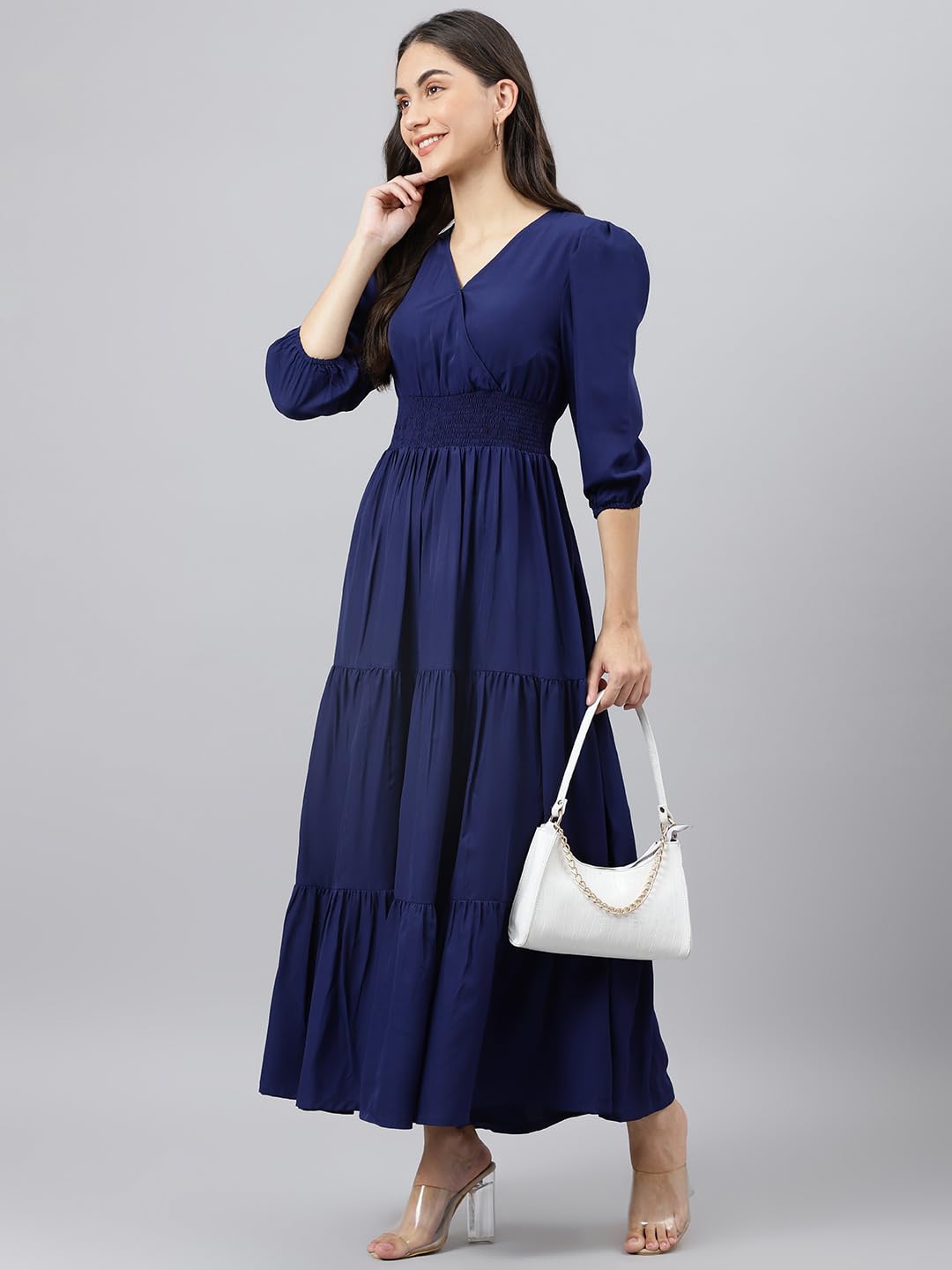 DEEBACO Women's Fit & Flare Maxi Dress|V-Neck|Full Length Long Dresses for Women|A-Line Dress|Stylish for Ladies|Beach Dress for Women
