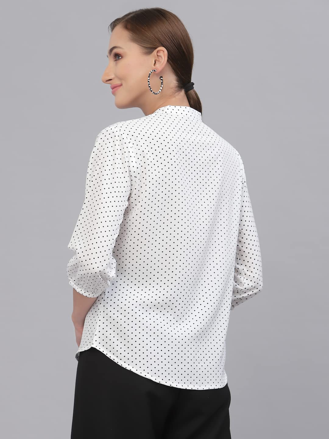 Style Quotient Women White and Black Polka Dot Printed Polyester Formal Top