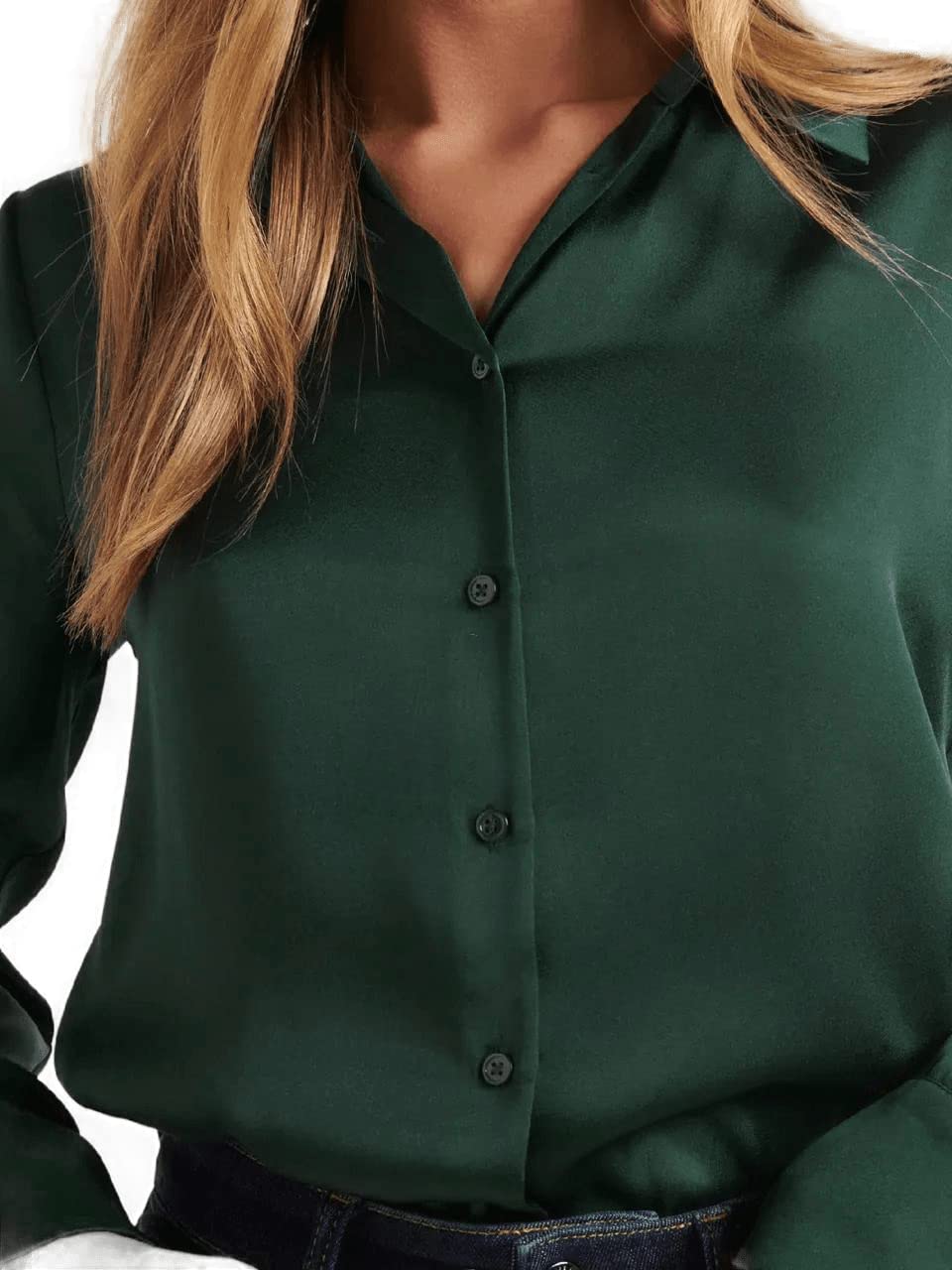 Bowrain Satin Silk Fabric Spread Collar Full Sleeve Top