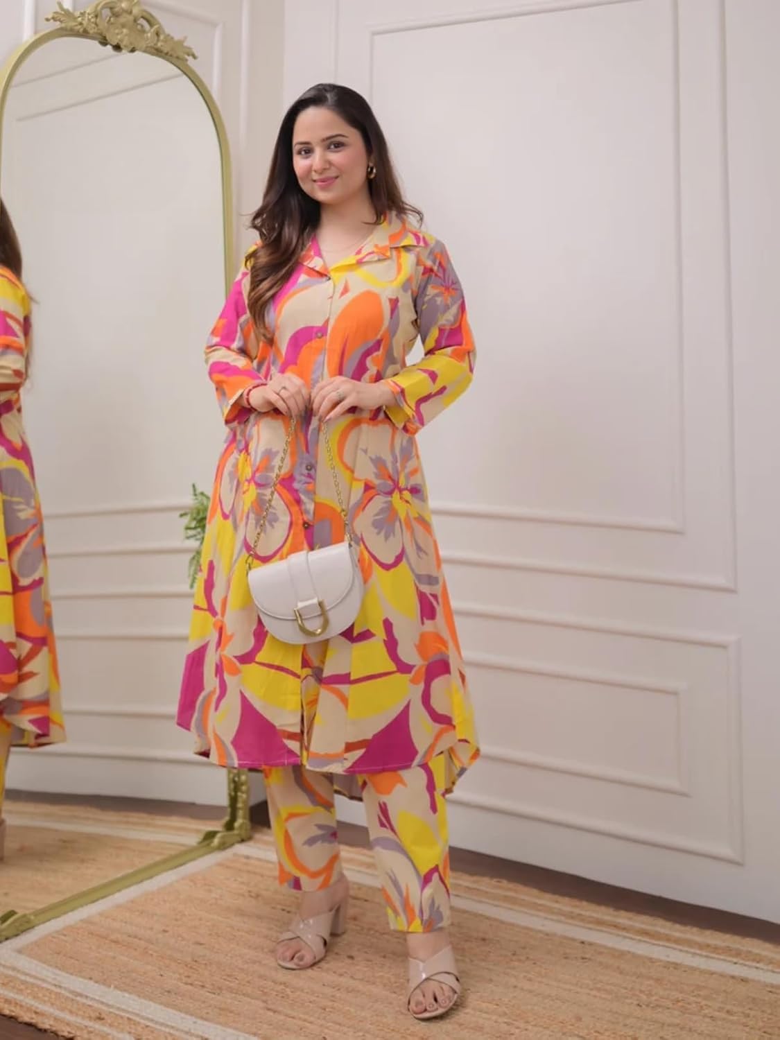 Ivory Green Floral Rayon A LINE Kurta Palazzo Set