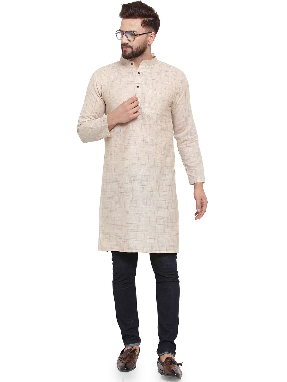 Aarsha Beige Solid Men's Cotton Long Kurta (XS to 7XL)