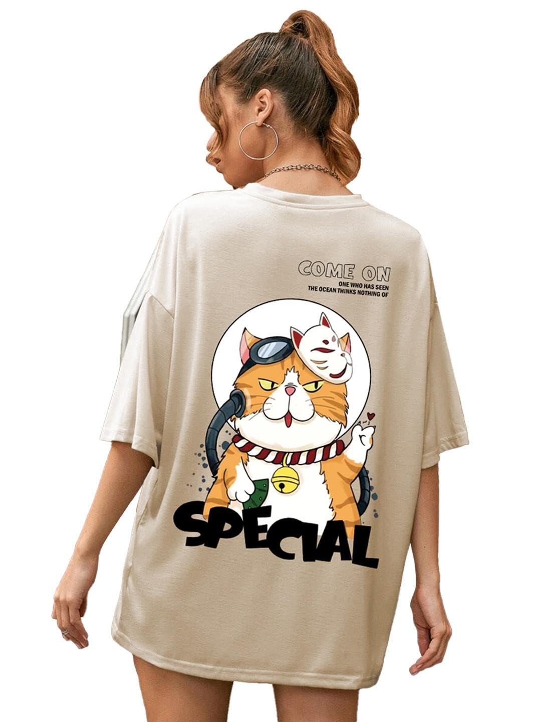 CHKOKKO Women's Polyester Oversized Fit Oversized Round Neck Drop Shoulder Printed T-Shirt