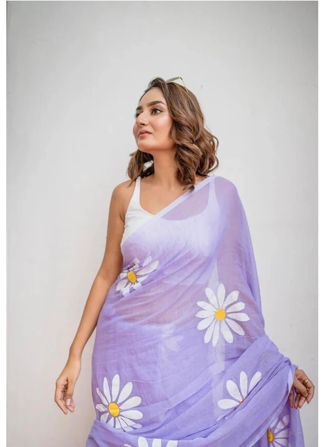 Linen Saree with White Daisy Floral Print, With Blouse