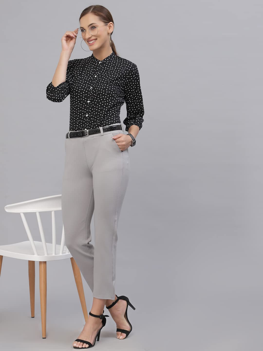 Style Quotient Women White and Black Polka Dot Printed Polyester Formal Top