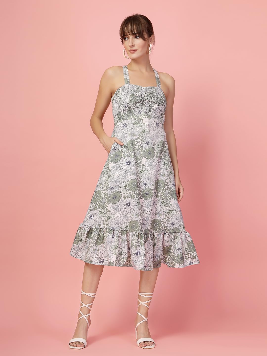 OOMPH! Women A-Line Printed Crepe Midi Dress, Smocked Bodice