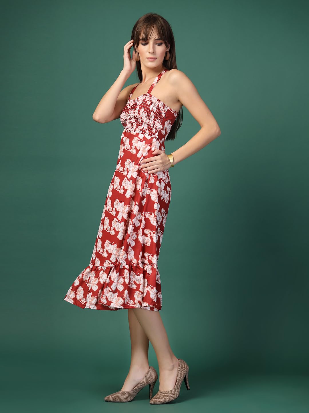OOMPH! Women A-Line Printed Crepe Midi Dress, Smocked Bodice