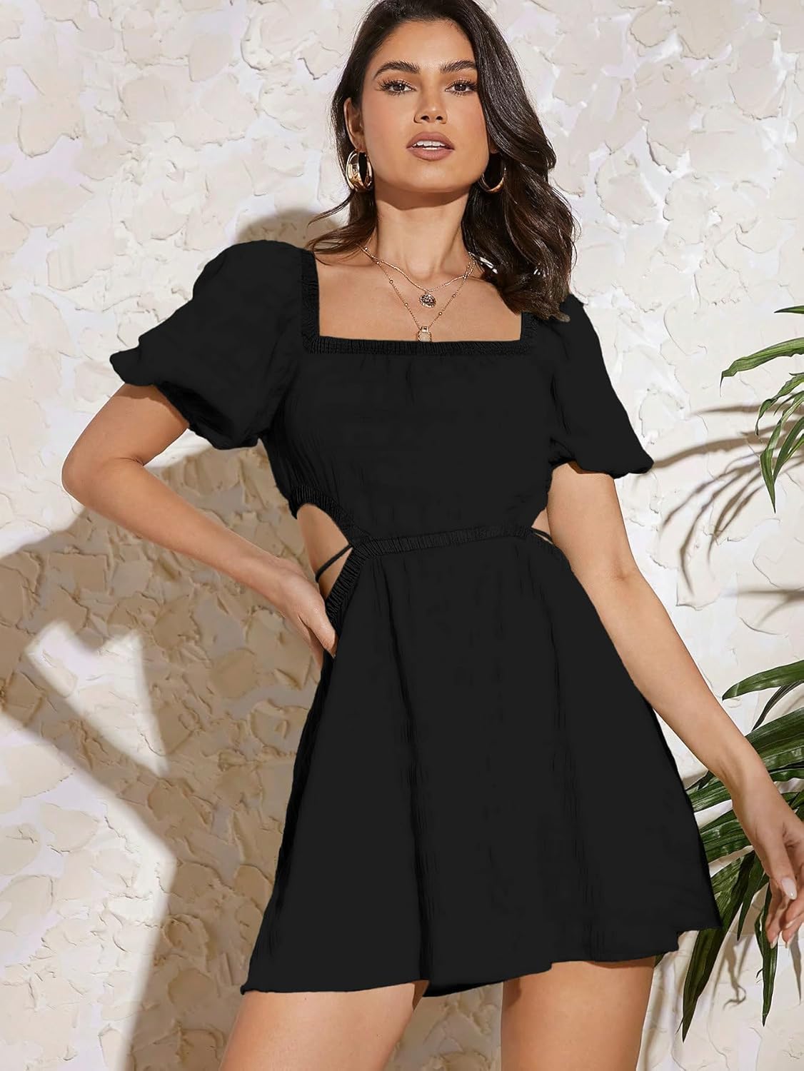Aahwan Solid Summer Beach Square Neck Puff Sleeve Cut Out Waist Mini Dress For Women's & Girls