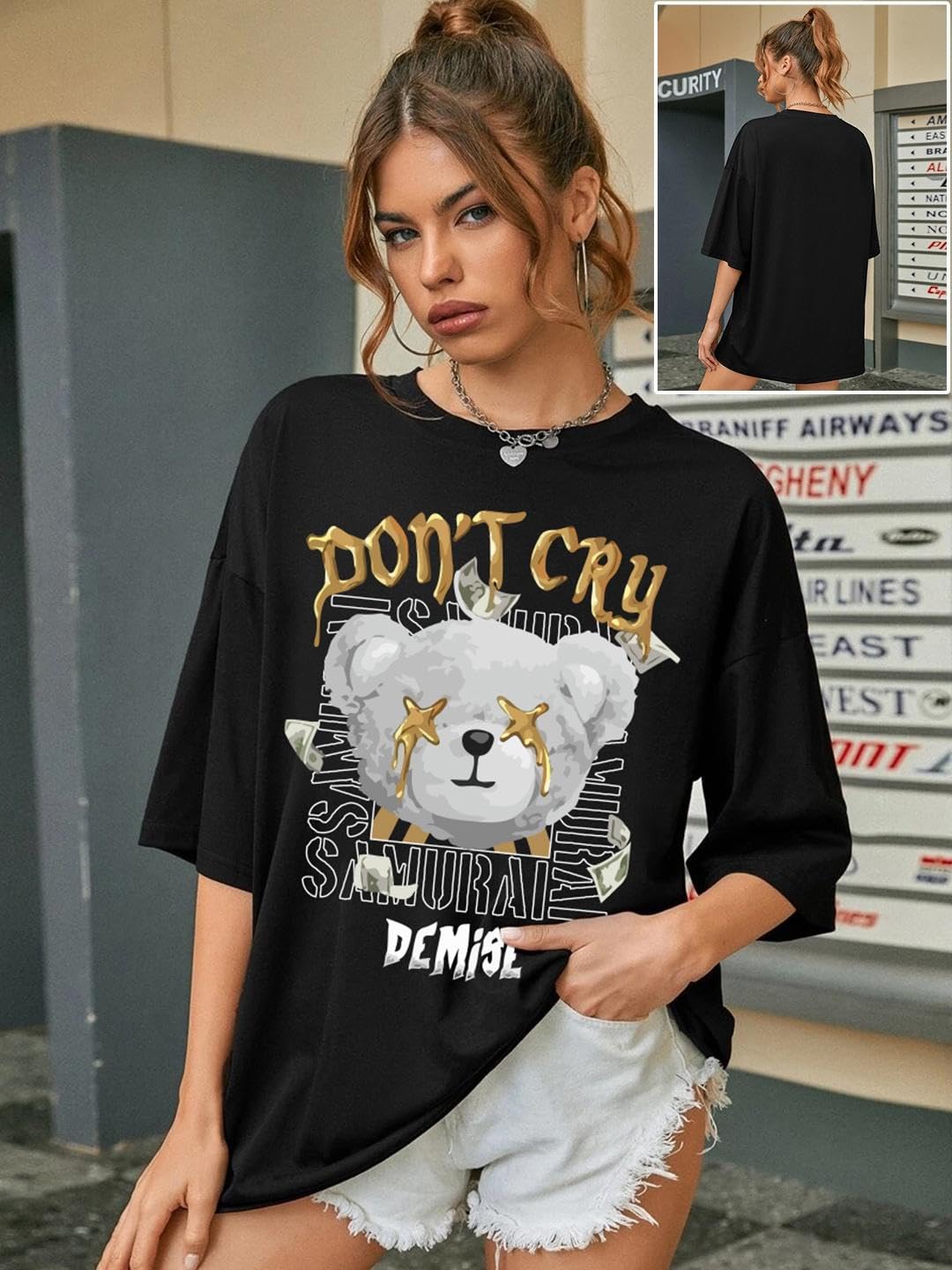 CHKOKKO Women's Polyester Oversized Fit Oversized Round Neck Drop Shoulder Printed T-Shirt