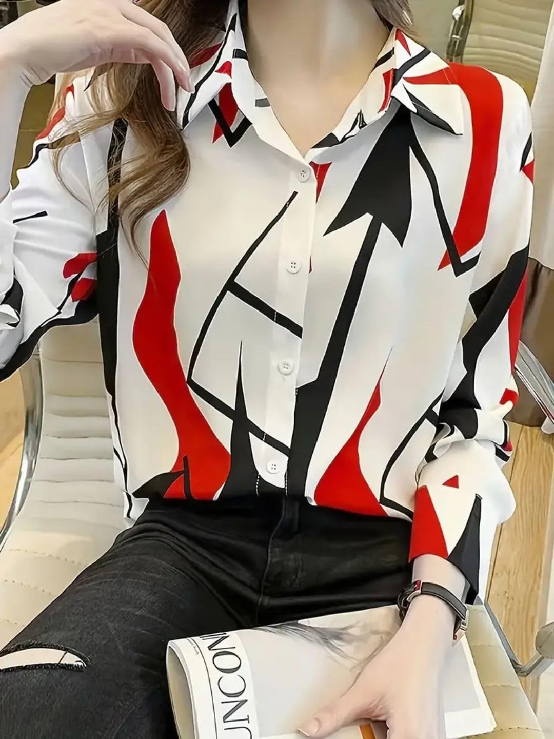 Trendy Queen Women's Short Sleeve Button-Down Shirt | Printed Casual Crop Top | Stylish Collared Shirt for Women | Oversized Shirt for Woman