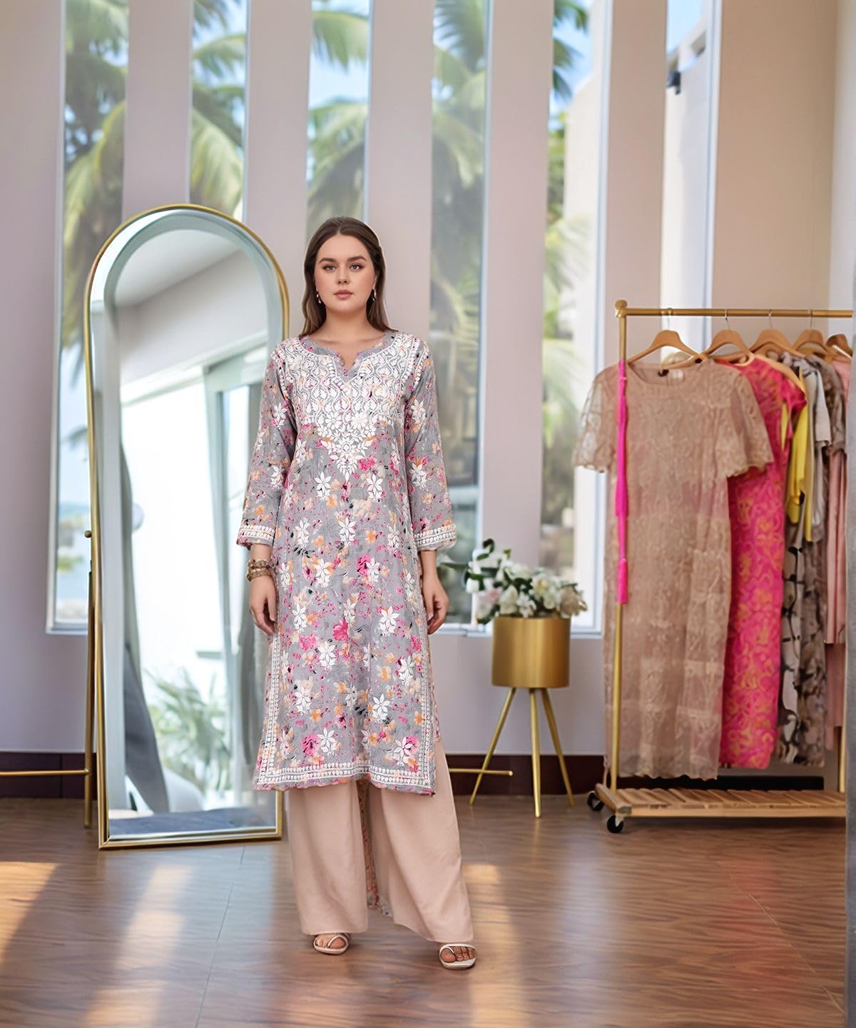GoSriKi Women's Rayon Viscose Printed & Chikankari