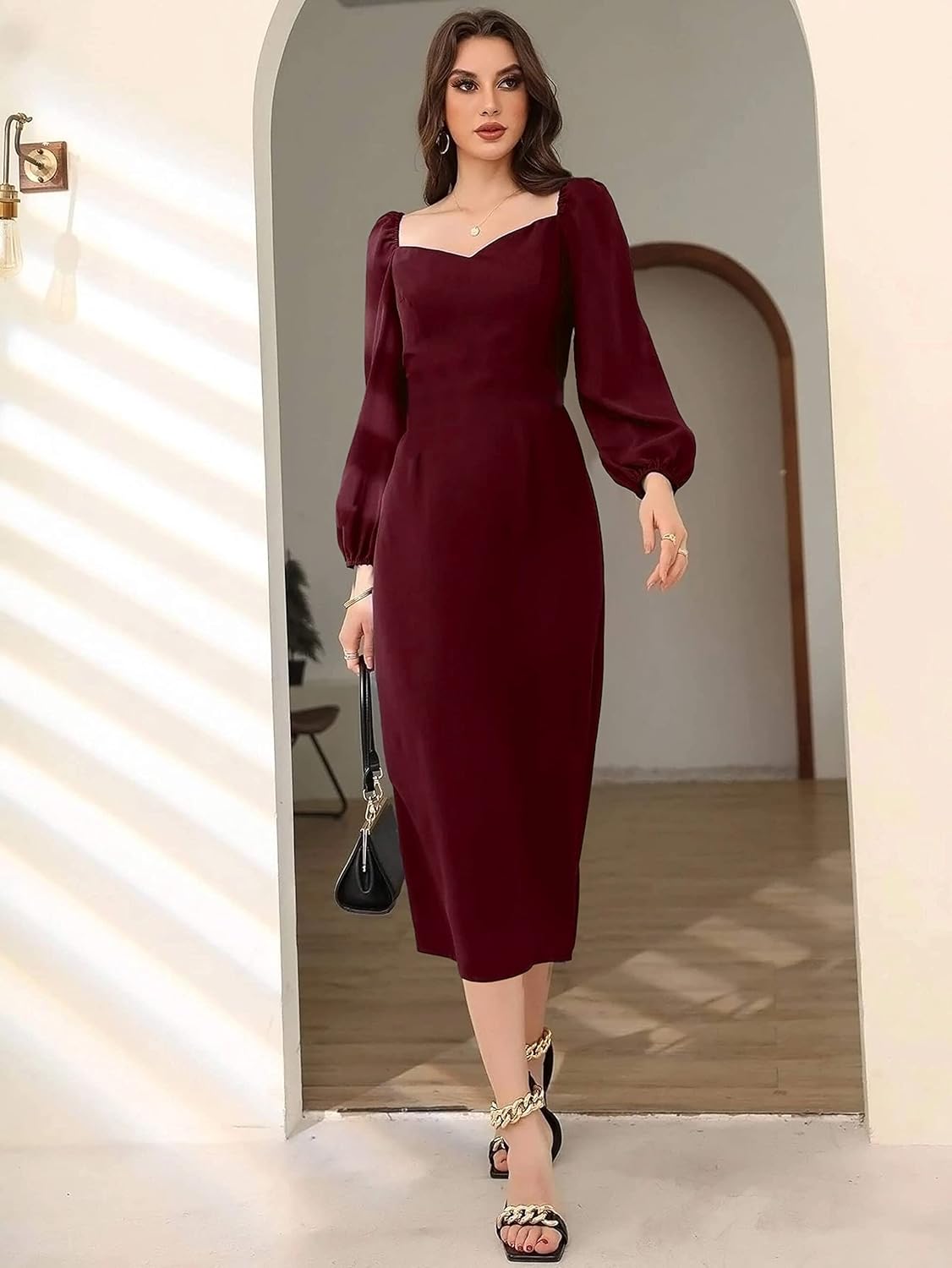 rosery paris Midi Bodycon Bishop Puff Sleeve One Piece Dress Causal Formal