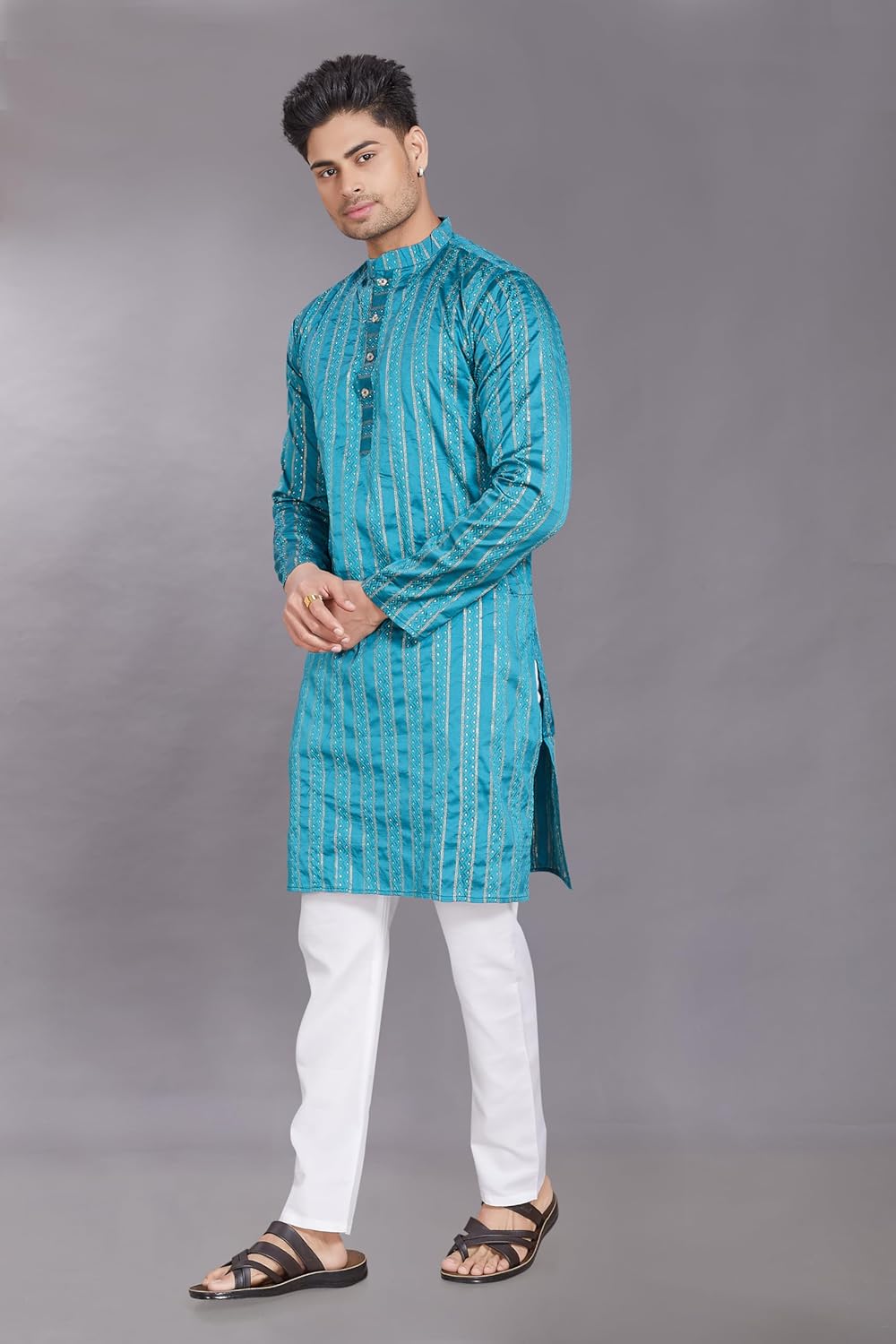 Men's Self Woven Jequard Art Silk Slim Fit Only Kurta