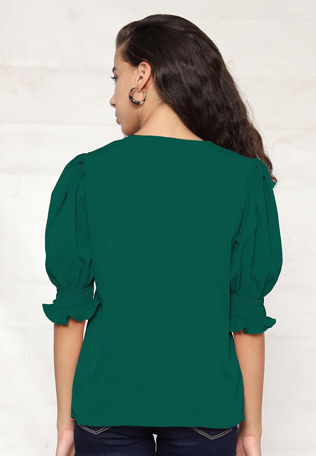 AntiQa Solid Puff Sleeve Top for Women Stylish Western - Casual V-Neck Ruffle Sleeve Blouse Wear as Latest Formal Office Tunics Western Tops for Summer, Short Plain Shirt for Womens