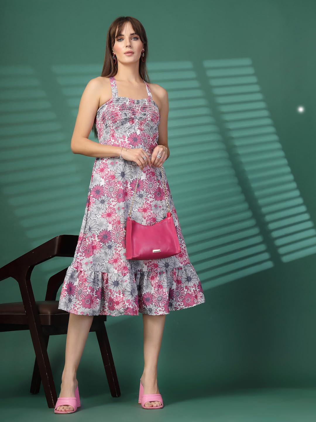OOMPH! Women A-Line Printed Crepe Midi Dress, Smocked Bodice