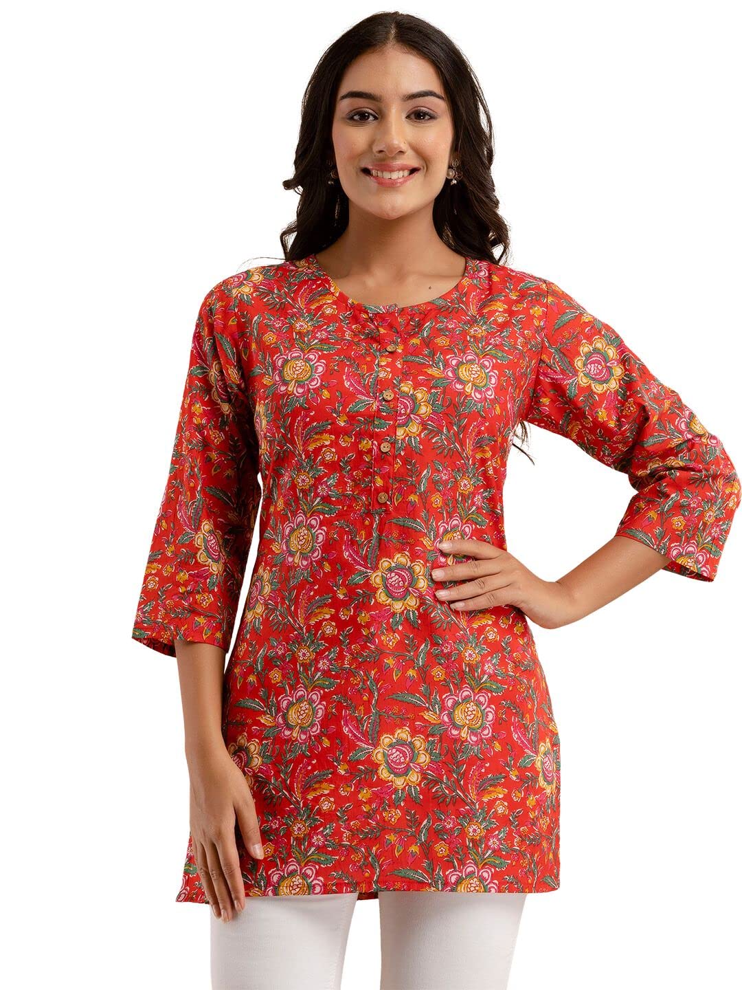 feranoid Women Cotton Printed Straight Short Kurti