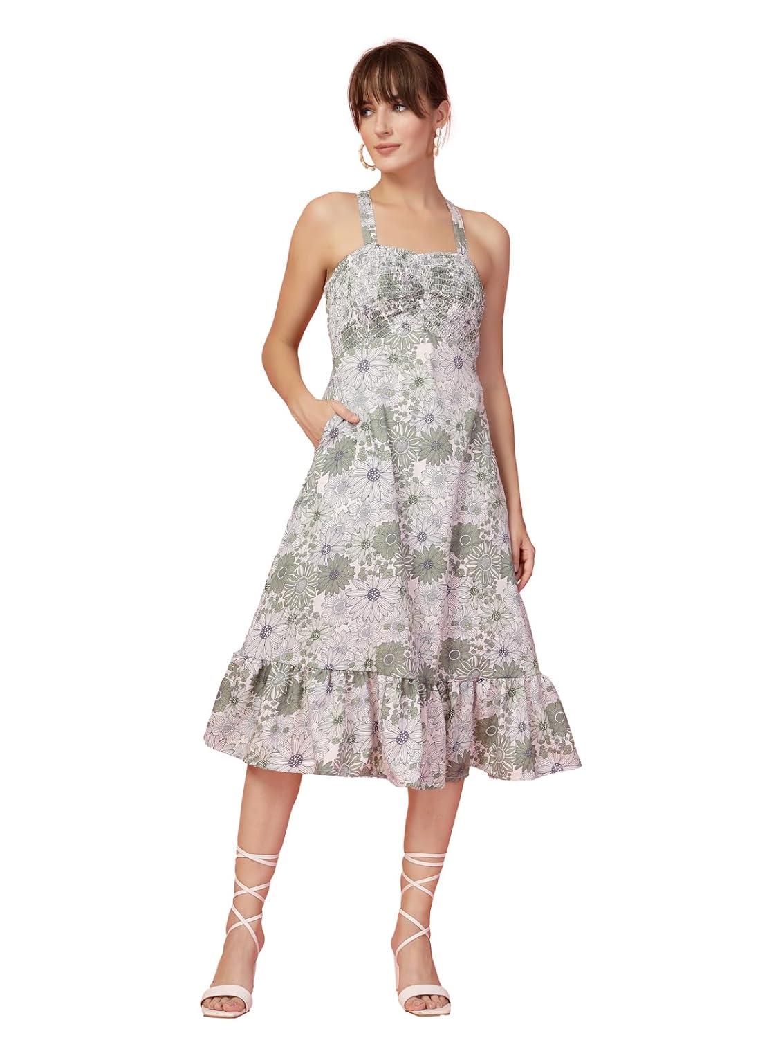 OOMPH! Women A-Line Printed Crepe Midi Dress, Smocked Bodice