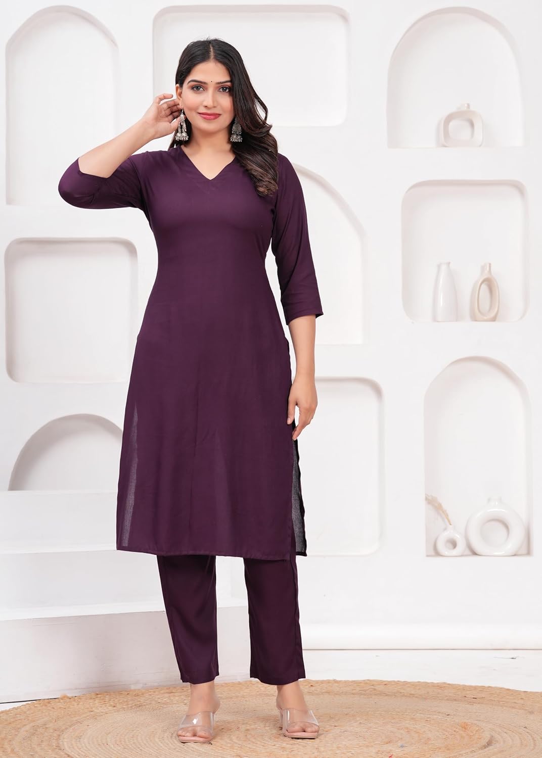 Women's Rayon Solid Plain v Neck Kurta Trouser/Pant Set