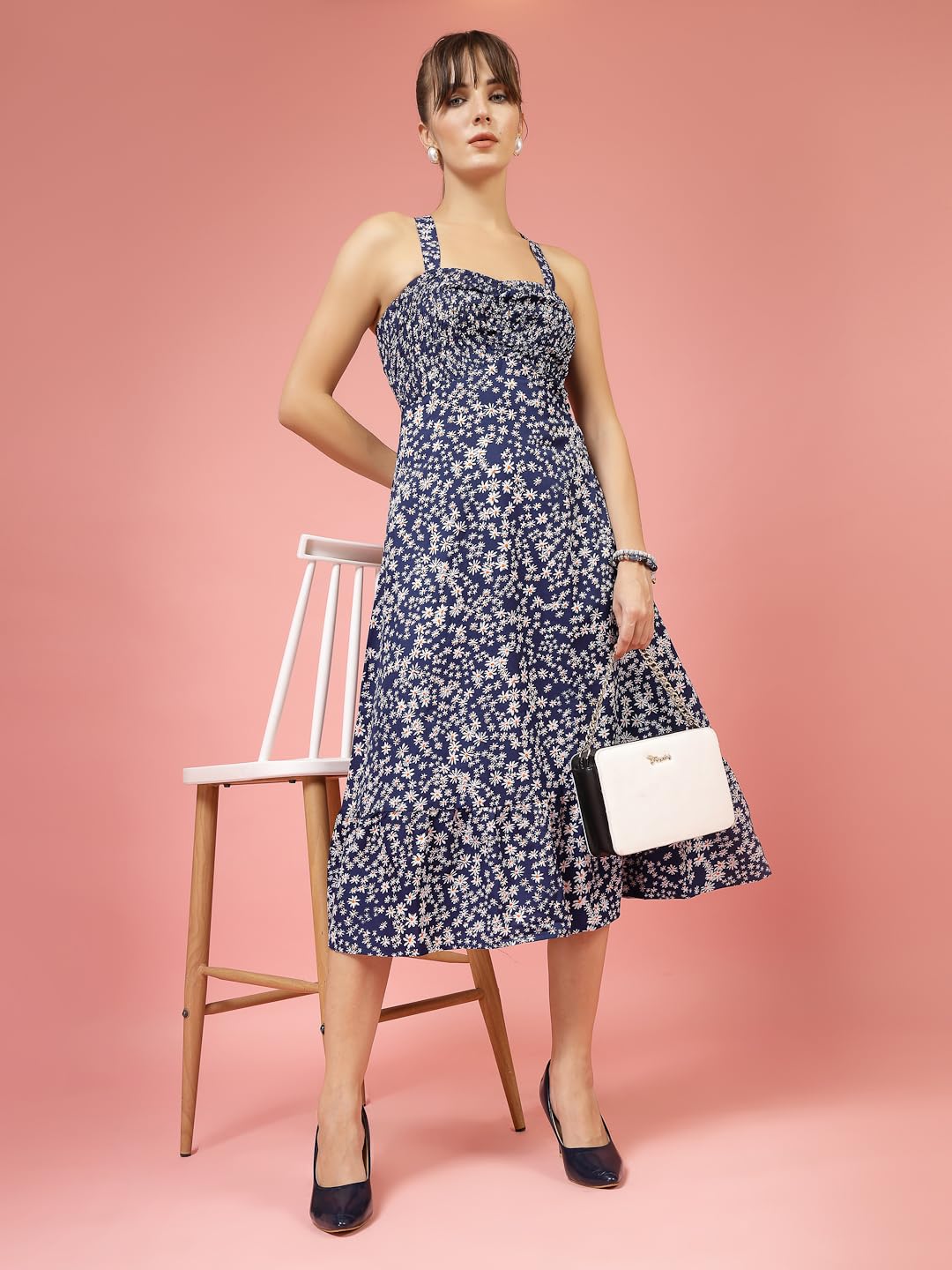OOMPH! Women A-Line Printed Crepe Midi Dress, Smocked Bodice