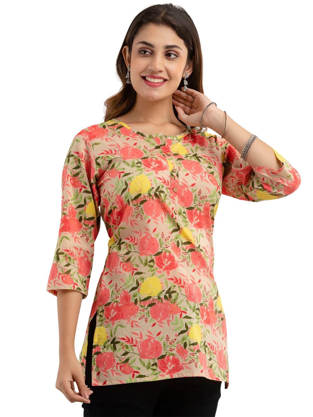 feranoid Women Cotton Printed Straight Short Kurti