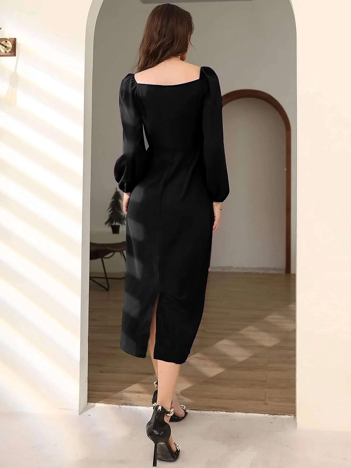 rosery paris Midi Bodycon Bishop Puff Sleeve One Piece Dress Causal Formal
