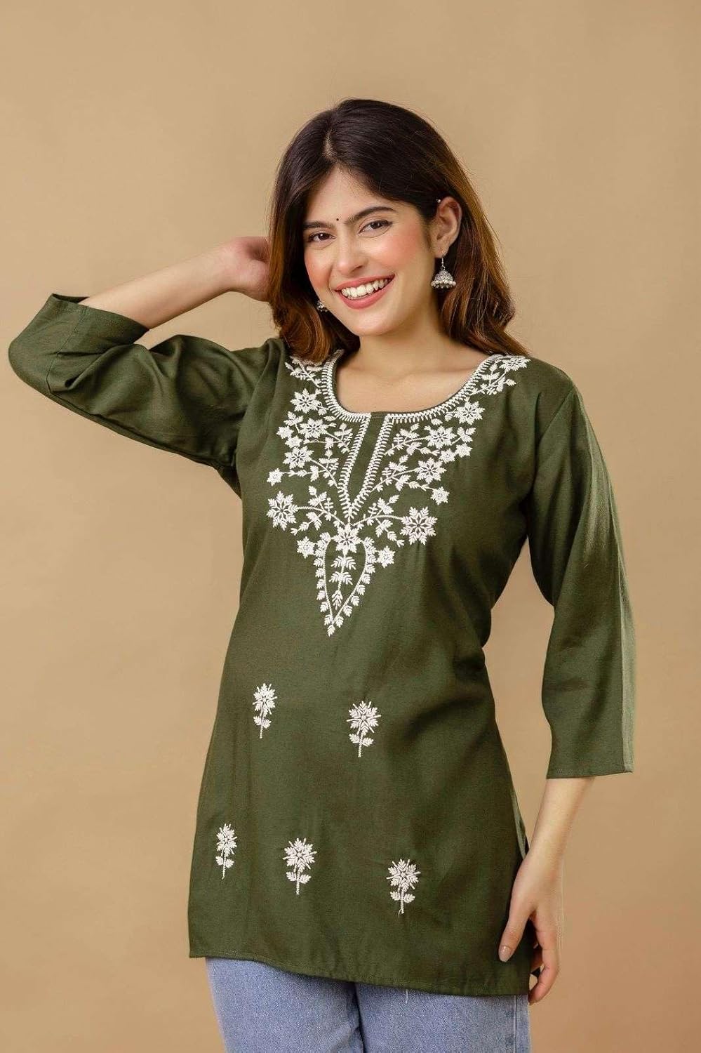 Women's Cotton Kurti with White Floral Embroidery