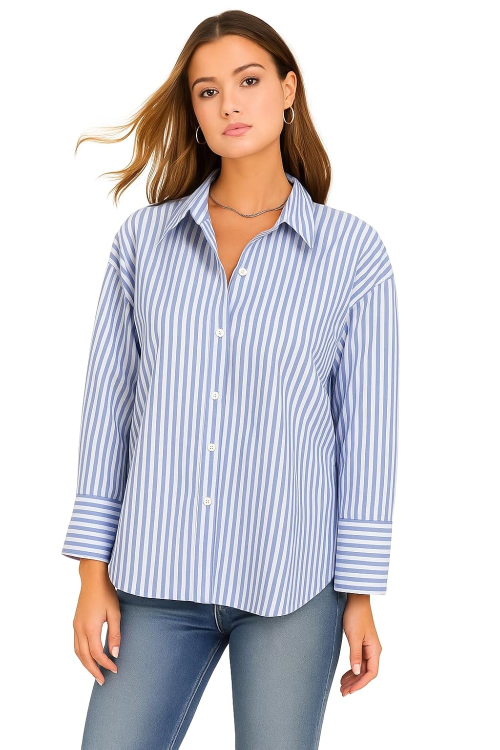SUGARCANNE Women's Classic Striped Button-Down Shirt, Long Sleeves, Relaxed Fit, Office and Casual Wear, Shirt for Women, XS-L