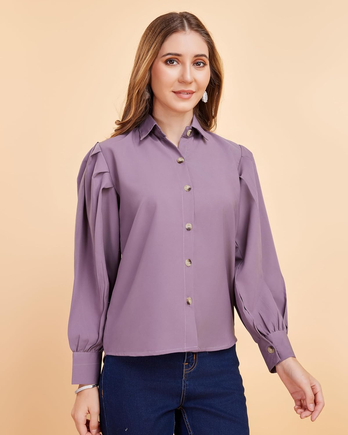 harshiv Enterprise Women's Crepe Casual Balloon Sleeve Shirt | Stylish Lightweight Top for Office, Travel Comfortable, Breathable, Easy to Care Fabric