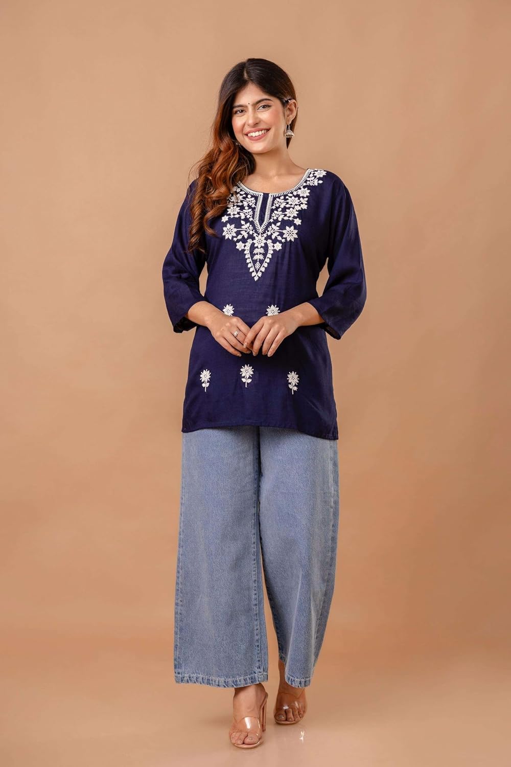 Women's Cotton Kurti with White Floral Embroidery