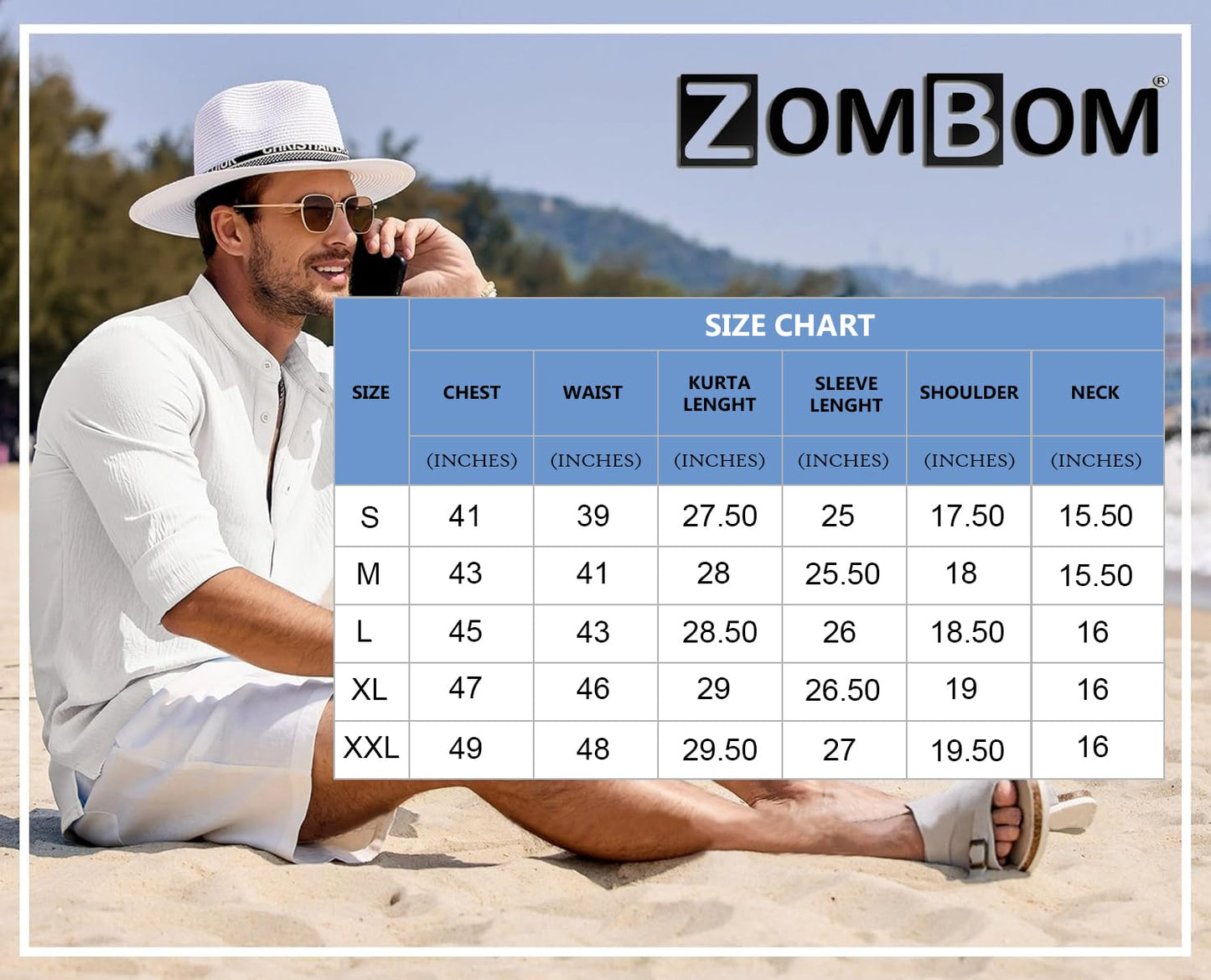 Zombom Men's Cotton Blend Mandarin Collar Self