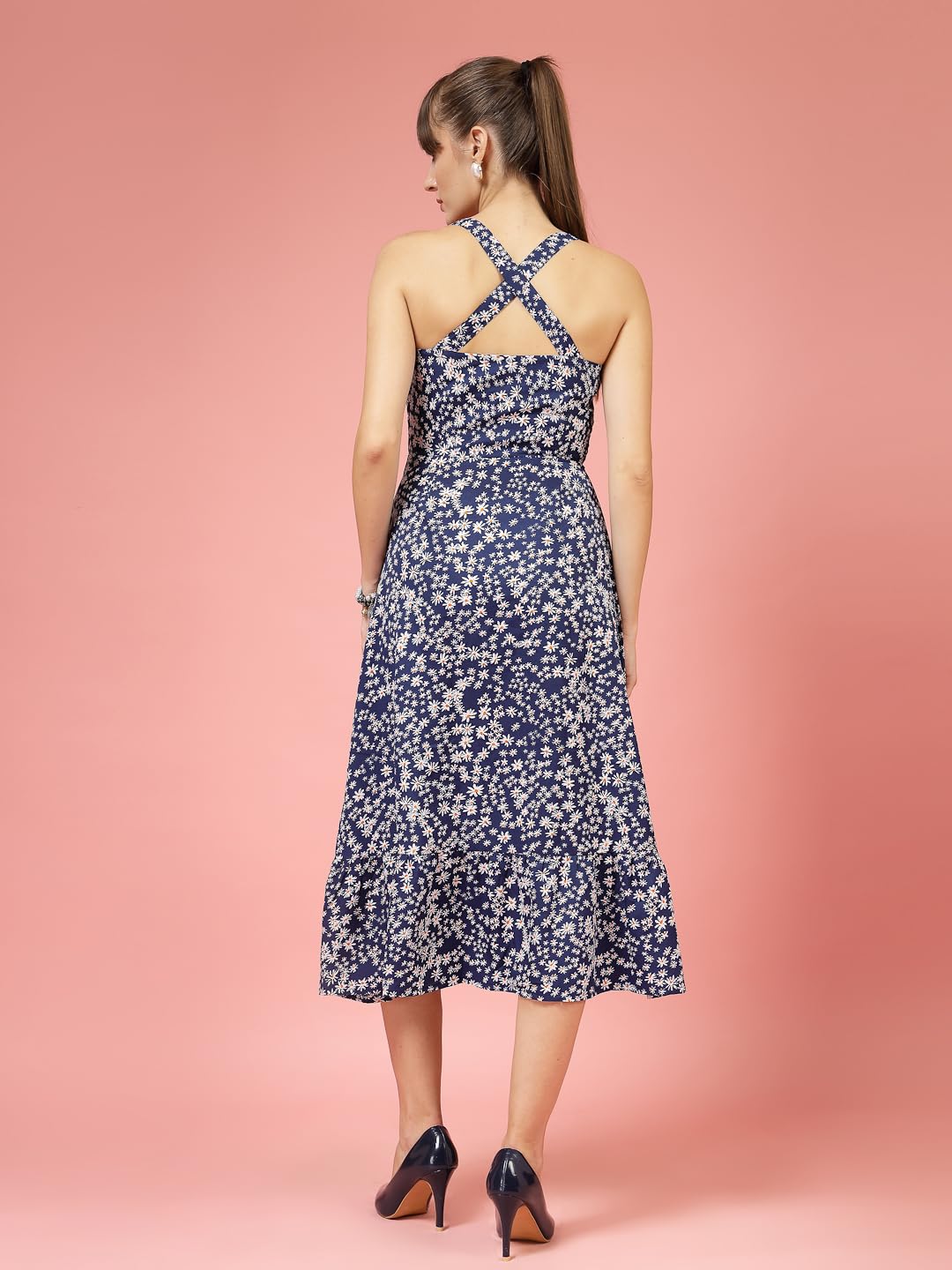 OOMPH! Women A-Line Printed Crepe Midi Dress, Smocked Bodice